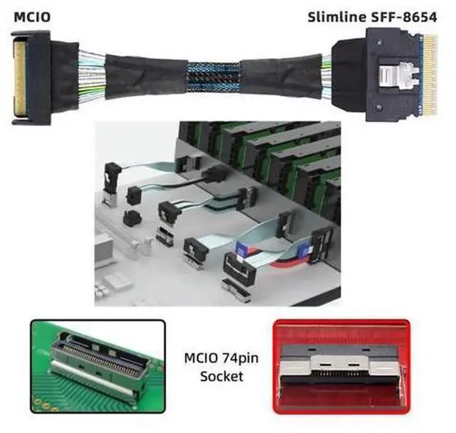 Alt view image 7 of 7 - PCI-E 5.0 Mini Cool Edge IO MCIO PCI-E Slimline 8i 74Pin Male to SFF-8654 SAS 4.0 74Pin Male Extender Cable 50cm