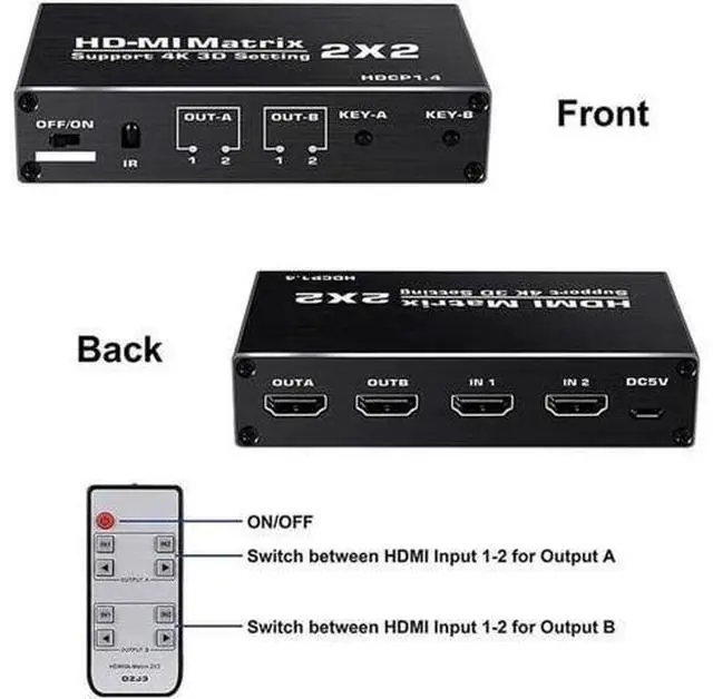 Alt view image 5 of 7 - 4K HDMI Matrix Switch 2 X 2, Switcher Ultra HD Supports Up to 4K @ 60Hz IR, HDR, HDMI 2.0b, HDCP 1.4 , 3D,1080P,YUV 4:2:0- Remote Control (OZJ3)