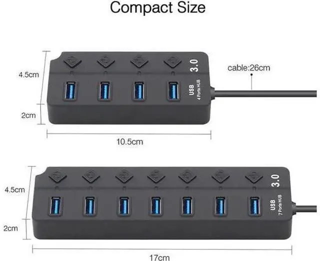 Alt view image 2 of 7 - Powered USB Hub 3.0, 4-Port USB Data Hub Splitter with One Smart Charging Port and Individual On/Off Switches Power LED and 5V Power Adapter, USB Extension for MacBook, Mac Pro/Mini