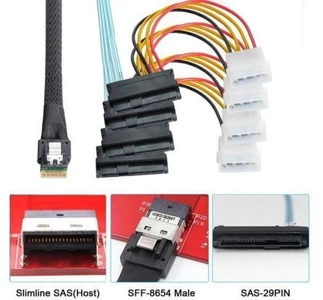 Alt view image 5 of 7 - Vszerda SFF-8654 4i 38Pin Slimline SAS 4.0 Host to 4 SAS 29Pin SFF-8482 Target Hard Disk Fanout Raid Cable