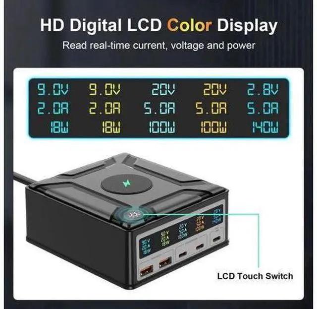Alt view image 7 of 7 - 260W 5 Port GaN USB C Charging Station Hub Block Charger Power Strip Adapter Plug Cube, 3C2A (A1/A2 QC3.0 18W + C1/C2 100W + C3 140W) + 15W Wireless Charging for Cell Phone, Tablet