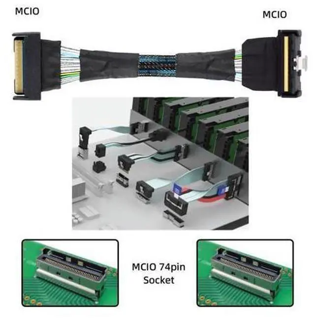 Alt view image 7 of 7 - Vszerda PCI-E 5.0 Mini Cool Edge IO MCIO PCI-E MCIO 74Pin Male to Slimline SAS 8i 74Pin Male Extender Angled Cable 1.15ft