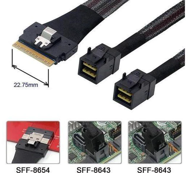 Alt view image 2 of 3 - Vszerda PCI-Express SFF-8654 8i 74Pin PCI-E Ultraport Slimline SAS Slim 4.0 to Dual SFF-8643 4i Mini SAS HD Cable 100cm