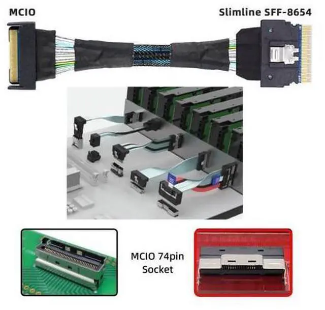 Alt view image 4 of 6 - PCI-E 5.0 Mini Cool Edge IO MCIO 74Pin to SFF-8654 8i 74Pin Slimline SAS 4.0 24 Gbps Extension Cable 50cm