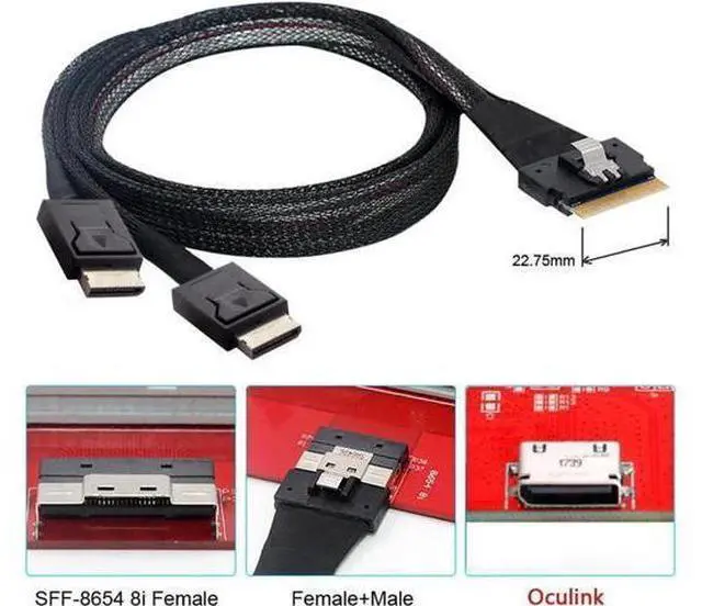Alt view image 2 of 4 - PCI-Express SFF-8654 8i 74Pin to Dual Oculink SFF-8611 PCI-E Ultraport Slimline SAS Slim 4.0 Cable 50cm