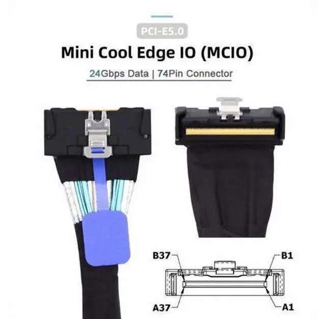 Alt view image 3 of 7 - Cable PCI-E 5.0 Mini Cool Edge IO MCIO Angled PCI-E 8i 74Pin Male to MCIO 74Pin Male Extender Cable 35cm