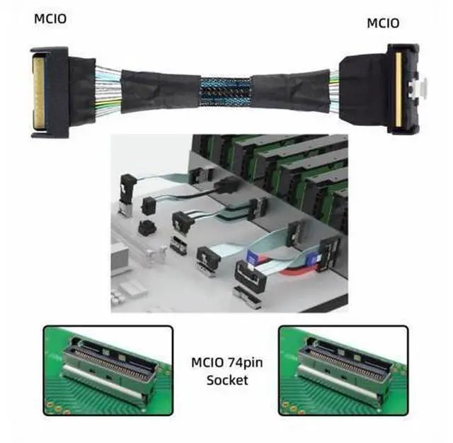 Alt view image 7 of 7 - Cable PCI-E 5.0 Mini Cool Edge IO MCIO Angled PCI-E 8i 74Pin Male to MCIO 74Pin Male Extender Cable 35cm