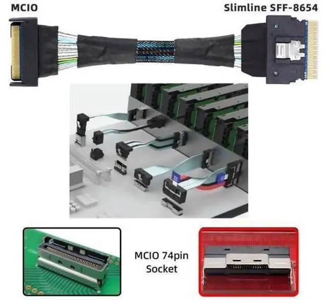 Alt view image 4 of 6 - PCI-E 5.0 Mini Cool Edge IO MCIO 74Pin to SFF-8654 8i 74Pin Slimline SAS 4.0 24 Gbps Extension Cable 50cm