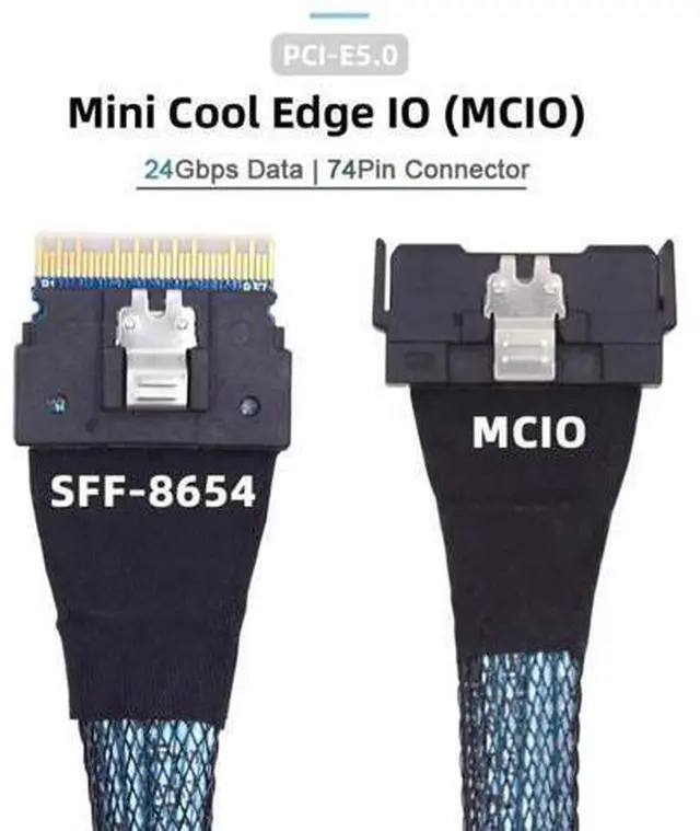 Alt view image 6 of 6 - PCI-E 5.0 Mini Cool Edge IO MCIO 74Pin to SFF-8654 8i 74Pin Slimline SAS 4.0 24 Gbps Extension Cable 50cm