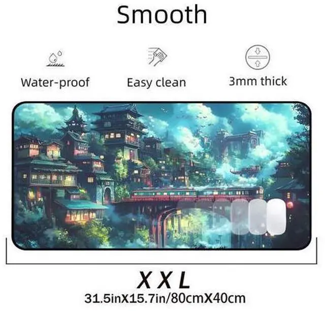 Alt view image 2 of 5 - Japanese Anime Desk Mat, Green Forest Mouse Mat XXL, Game Desk Pad, Fantasy Architecture Computer Keyboard Mat, Wireless Mousepad Large,Natural Landscape Home Office Desktop Decor 31.5"X15.7"