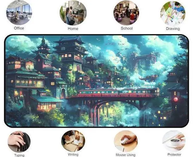 Alt view image 4 of 5 - Japanese Anime Desk Mat, Green Forest Mouse Mat XXL, Game Desk Pad, Fantasy Architecture Computer Keyboard Mat, Wireless Mousepad Large,Natural Landscape Home Office Desktop Decor 31.5"X15.7"