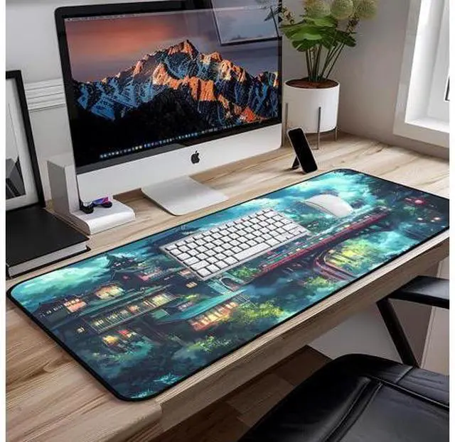 Alt view image 5 of 5 - Japanese Anime Desk Mat, Green Forest Mouse Mat XXL, Game Desk Pad, Fantasy Architecture Computer Keyboard Mat, Wireless Mousepad Large,Natural Landscape Home Office Desktop Decor 31.5"X15.7"