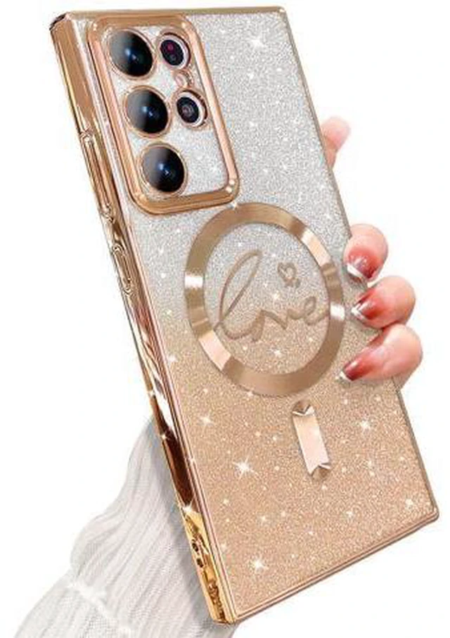 Main image of ZONRW for Samsung Galaxy S22 Ultra Case Magnetic,for Women Girl Soft Cute Luxury Love Heart Plating Bling Gradient Glitter Phone Case Compatible with MagSafe Clear Shockproof Back Cover 6.8-Gold