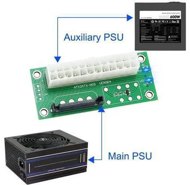 Alt view image 5 of 6 - Dual Power Supply Connector Add2PSU Multiple Power Supply Adapter, Synchronous Power Board, Add 2PSU with Power LED to SATA 15 Pin Connector