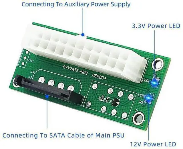 Alt view image 3 of 6 - Dual Power Supply Connector Add2PSU Multiple Power Supply Adapter, Synchronous Power Board, Add 2PSU with Power LED to SATA 15 Pin Connector