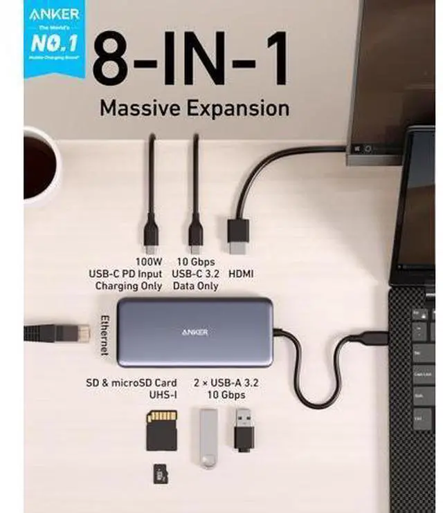 Alt view image 2 of 7 - 555 USB-C Hub (8-in-1) with 85W Power Delivery 4K 60Hz HDMI Port 10Gbps USB C and 2 A Data Ports Ethernet microSD SD Card Reader for MacBook Pro More