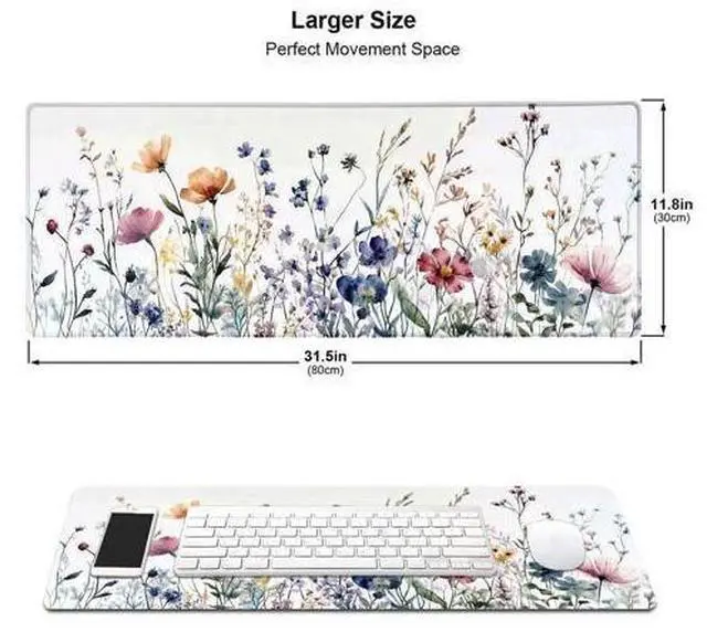 Alt view image 2 of 5 - Wildflowers Flower Floral Large Mouse Pad, Desk Mat Computer Keyboard Pad Non-Slip Rubber Base Waterproof with Stitched Edges for Laptop Gaming, Office & Home 31.5 x 11.8 Inch
