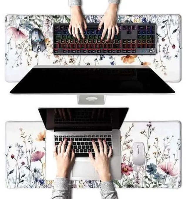 Alt view image 4 of 5 - Wildflowers Flower Floral Large Mouse Pad, Desk Mat Computer Keyboard Pad Non-Slip Rubber Base Waterproof with Stitched Edges for Laptop Gaming, Office & Home 31.5 x 11.8 Inch