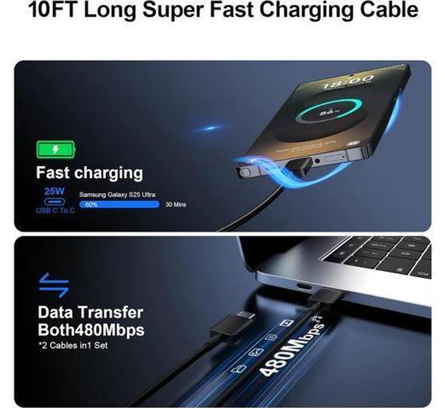 Alt view image 5 of 6 - Super Fast Charger Type C, 25W USB C Wall Charger Fast Charging for Samsung Galaxy S25 Ultra/S25/S25+/S24+/S24 Ultra/S24/S24+/S23 Ultra/S22 Ultra/S21 with 10FT Long Android Type C Charger Cable 2Pack