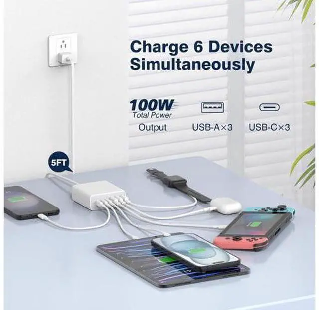 Alt view image 2 of 7 - USB C Fast Charger Block, 100W 6 Ports Charging Station Hub for iPhone 16 15 14 13 Pro Max, iPad Pro Air Mini, Galaxy, for Air-pods 4, Pro 2, 25W PPS Type C Wall Charger with LED, 5ft Cord