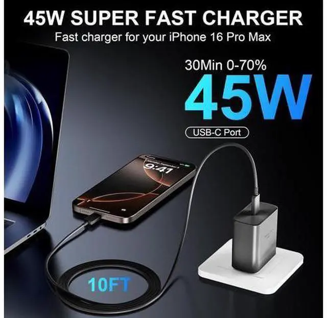 Alt view image 4 of 7 - Phone 17 16 Pro Max Charger Fast Charging, 45W USB C Phone 17 16 Super Fast Charger Block with 8ft Long Type C Charging Cable Cord for i.Phone 17 Pro Max/17 Pro/17 Air/17/16/16Pro/16 ProMax /-Black