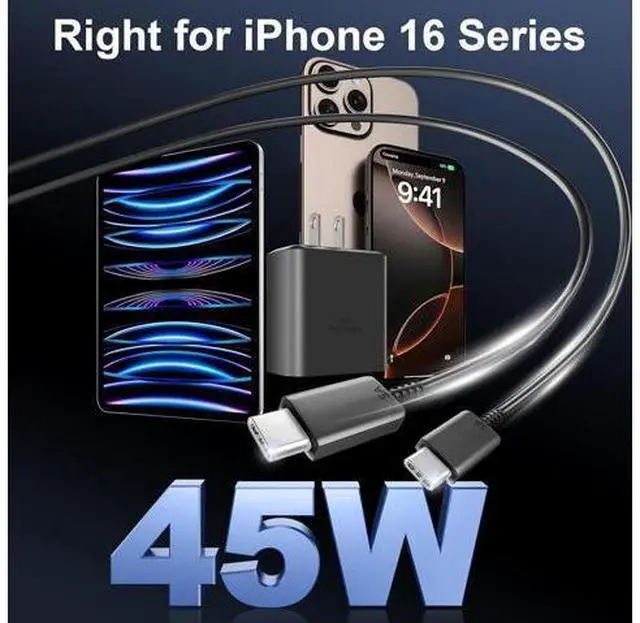 Alt view image 5 of 7 - Phone 17 16 Pro Max Charger Fast Charging, 45W USB C Phone 17 16 Super Fast Charger Block with 8ft Long Type C Charging Cable Cord for i.Phone 17 Pro Max/17 Pro/17 Air/17/16/16Pro/16 ProMax /-Black