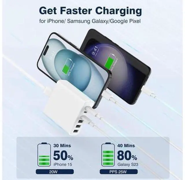 Alt view image 3 of 7 - USB C Fast Charger Block, 100W 6 Ports Charging Station Hub for iPhone 16 15 14 13 Pro Max, iPad Pro Air Mini, Galaxy, for Air-pods 4, Pro 2, 25W PPS Type C Wall Charger with LED, 5ft Cord