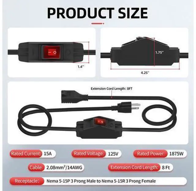Alt view image 2 of 6 - Switched Extension Cord 8 Ft Outdoor 14AWG 3 Prong Extension Cord with Switch On/Off 15A 125V Waterproof Lighted Inline Power Switch for Electrical Equipment