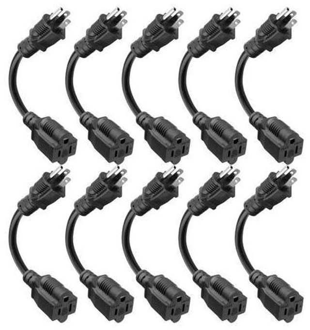Main image of 8 inch Short Power Extension Cord Outlet Saver, ETL Listed, SJTW 16AWG/13A 3 Prong Indoor/Outdoor Use, 10 Pack, Black