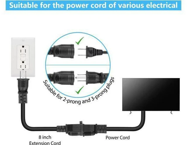 Alt view image 4 of 7 - 8 inch Short Power Extension Cord Outlet Saver, ETL Listed, SJTW 16AWG/13A 3 Prong Indoor/Outdoor Use, 10 Pack, Black