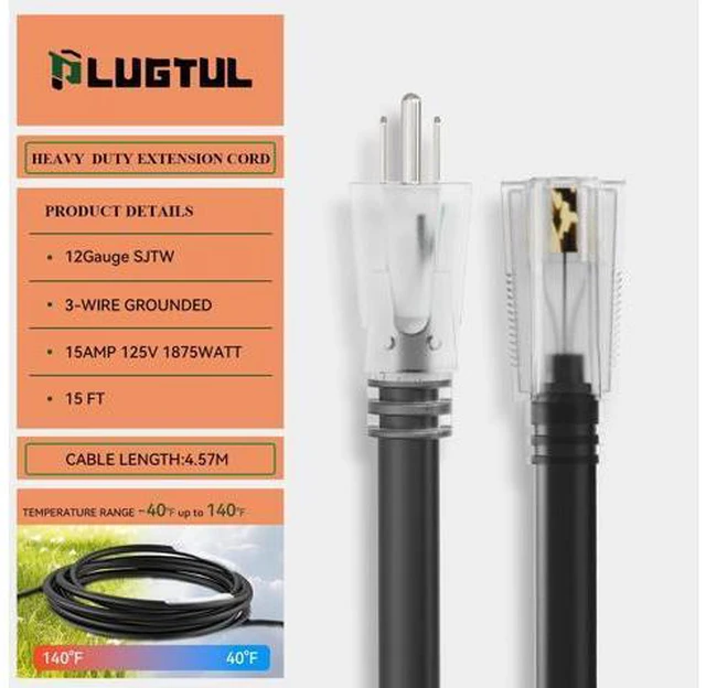 Alt view image 3 of 7 - Outdoor Extension Cord 15FT, 12 Gauge Extension Cord with Lighted End, Heavy Duty,15A 1875W SJTW, ETL Listed, Great for Garden and Home, Black