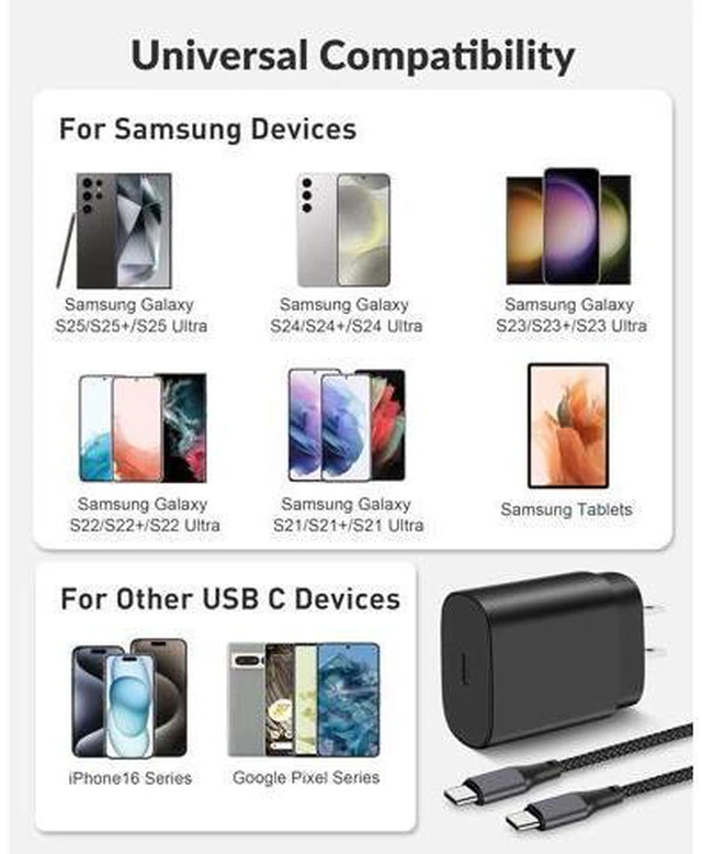 Alt view image 7 of 7 - S25/S25 Ultra Charger Fast Charging, 25W USB C Super Fast Wall Charger 6FT Type C Charger Cable Cord Android Phone Charger Block for Samsung Galaxy S25 Ultra/S25/S25+/S24 Ultra/S24/S23/S22/S21