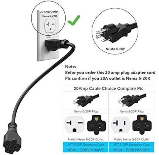 Alt view image 3 of 7 - 1-Foot 20 AMP Nema 6-20P Extension Cord 12AWG Nema 6-20 Heavy Duty Extension Power Cord 1FT,Nema 6-20P to 5-20R,6-20P to 6-15R/20R 20AMP T-Blade Adapter Cable,20A 250V Plug Adapter Cable