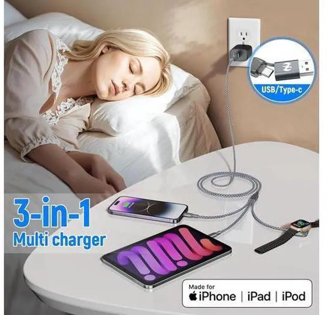 Alt view image 3 of 6 - Multi Charging Cable for Watch Charger 6FT Nylon Braided USB Lightning Type C USB C Cord iWatch Magnetic Wireless Charger 3 in 1 Charging Wire for iPhone Android Phone and iWatch