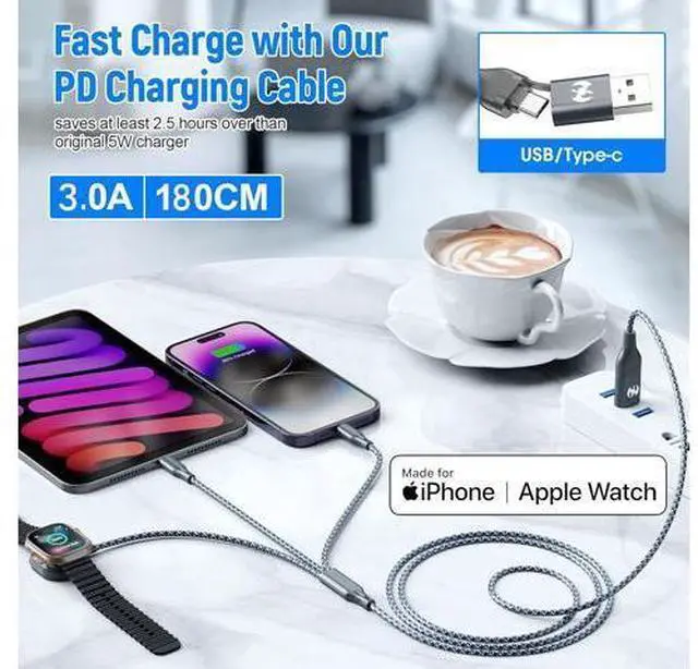 Alt view image 4 of 6 - Multi Charging Cable for Watch Charger 6FT Nylon Braided USB Lightning Type C USB C Cord iWatch Magnetic Wireless Charger 3 in 1 Charging Wire for iPhone Android Phone and iWatch
