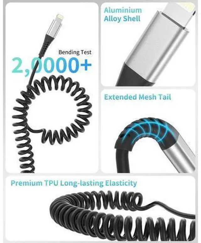 Alt view image 4 of 7 - Coiled USB C to Lightning Cable for Car 2 Pack 3FT Carplay Cable Short Retractable iPhone Charger Fast Charging Cord for iPhone 14 13 12 11 Pro Max Xs X Xr 8/Airpods