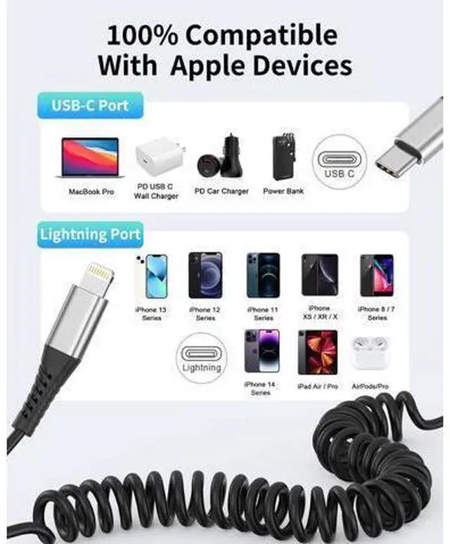 Alt view image 7 of 7 - Coiled USB C to Lightning Cable for Car 2 Pack 3FT Carplay Cable Short Retractable iPhone Charger Fast Charging Cord for iPhone 14 13 12 11 Pro Max Xs X Xr 8/Airpods