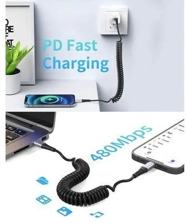 Alt view image 6 of 7 - Coiled USB C to Lightning Cable for Car 2 Pack 3FT Carplay Cable Short Retractable iPhone Charger Fast Charging Cord for iPhone 14 13 12 11 Pro Max Xs X Xr 8/Airpods