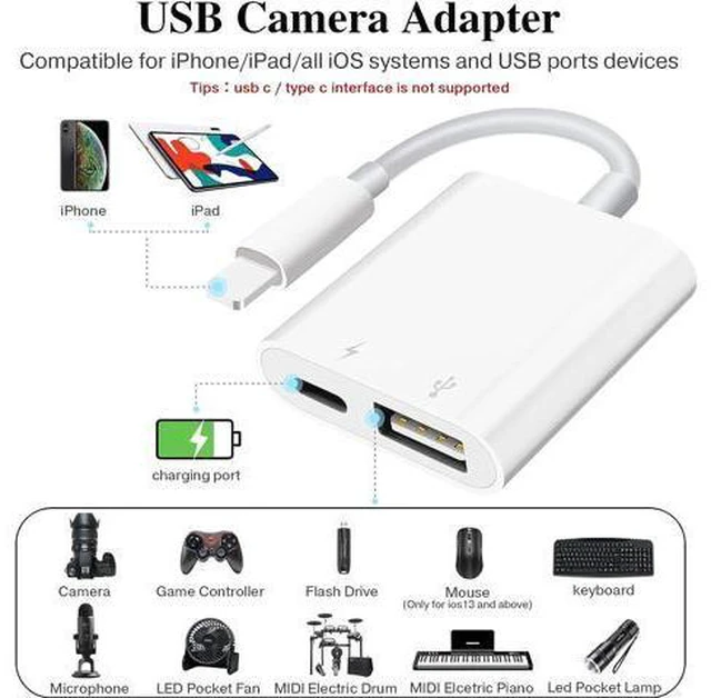 Alt view image 2 of 7 - USB Camera Adapter with Charging Port Portable USB Female OTG Adapter Compatible for iPhone iPad iPad to USB Adapter Plug and Play Support Card Reader