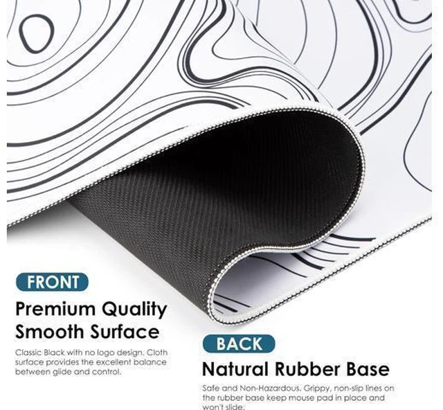 Alt view image 2 of 7 - Black and White Mouse Pad Topographic Map Large Gaming Mousepad - Extended Contour Mouse Mat Laptop Keyboard Mat with Non-Slip Rubber Base Stitched Edges (31.50x11.81x0.12 not Waterproof)