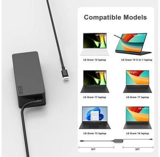 Alt view image 7 of 7 - 65W USB C Charger for LG Gram 17 16 15 14 Series 17Z90Q 16T90Q 17Z90P 16Z90P 17Z90ST 16T90P 17Z95P 17Z90R 17Z90S 2-in-1 Lightweight Power AC Adapter