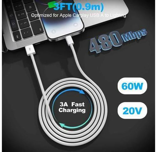 Alt view image 6 of 7 - Car Carplay CableUSB A to Lightning Cable 3FT Compatible with iPhone 14 13 12 11 Pro Max XR XS X Charger CordCar Charging Cord