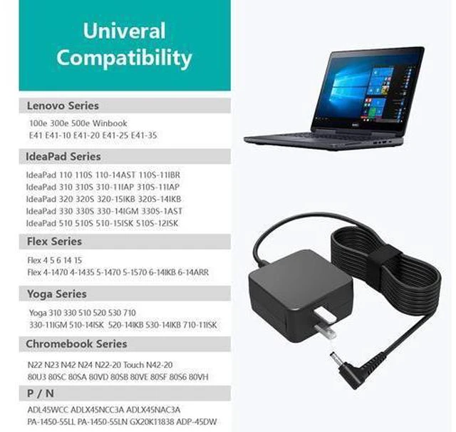 Alt view image 4 of 5 - 45W-Laptop-Charger Fit for Lenovo-Ideapad-Model-ADL45WCC PA-1450-55LL ADP-45DW B ADL45WCH ADL45WCG PA-1450-55LZ AC Power Adapter Supply Cord