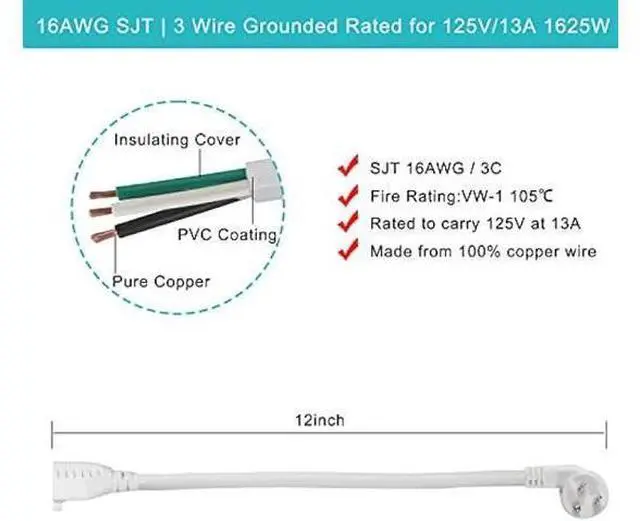 Alt view image 2 of 7 - Short Power Extension Cord 1FT - Right Angle Flat Head Extension Cord with 3 Prong White Low Profile Flat Plug 3 Prong Power Cable Single Grounded SJT 16AWG Flexible Power Cord for Indoor Use (5 PACK)