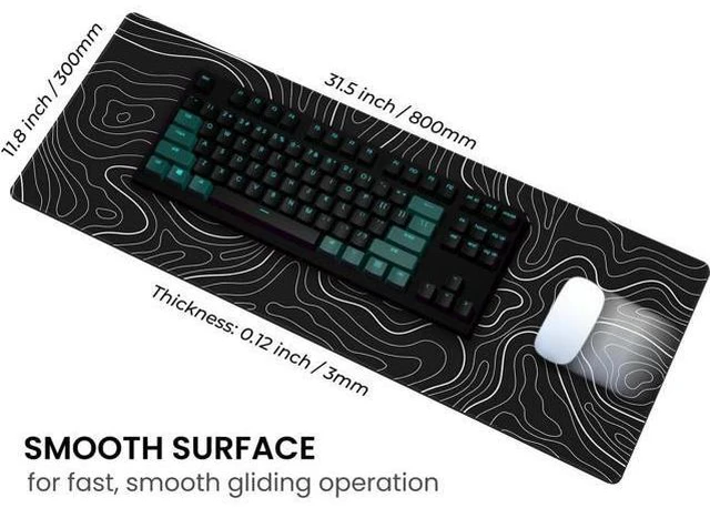 Alt view image 4 of 7 - Long Gaming Mouse Pad 31.5 x 11.8 inches Extended Anime Mousepad Large Desk Pad with Non-Slip Base Full Keyboard Mat with Stitched Edges for Gaming and Office (Black Topographic Line)