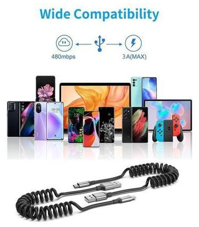 Alt view image 7 of 7 - Coiled USB C Cable for Car 2Pack 3A USB Type C Charger Cable Fast Charging Retractable Android USB A to USB C Charge Cord for Galaxy S23 S22 S21 S20 S10 Note 20 10 A10e A20 A50 Moto G LG