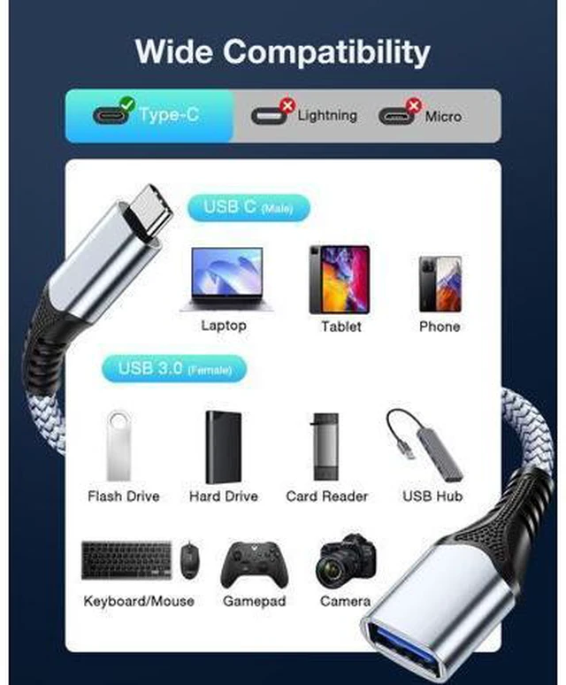 Alt view image 6 of 7 - USB C to USB 3.0 OTG Adapter 2 Pack USB C Male to USB 3.0 Female OTG Cable Thunderbolt3 On The Go for Samsung Galaxy S20 S20+ Ultra S8 S9 MacBook Pro/Air