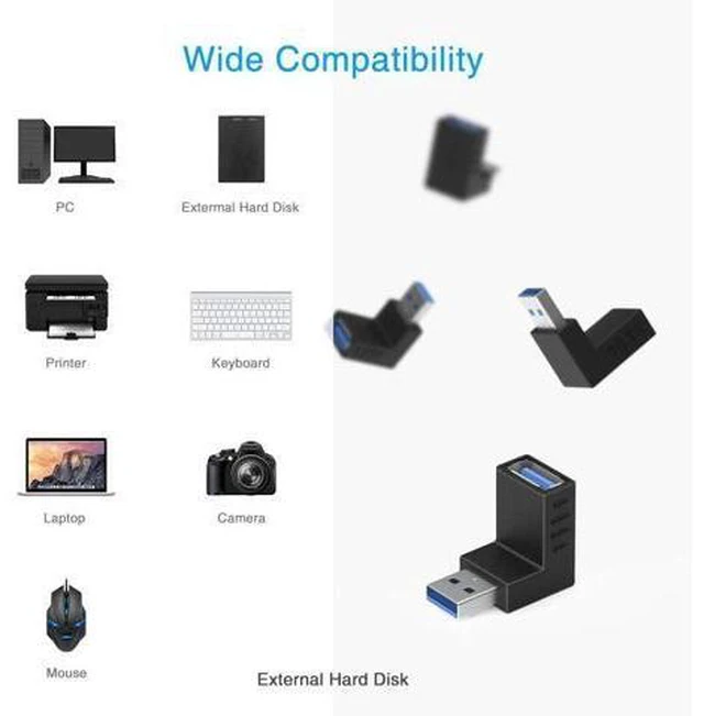 Alt view image 2 of 7 - 90 Degree USB 3.0 Adapter 6 Pack - Right Angle Male to Female Up/Down/Left/Right Connector - L Shaped Extension for PC Laptop Charger and More