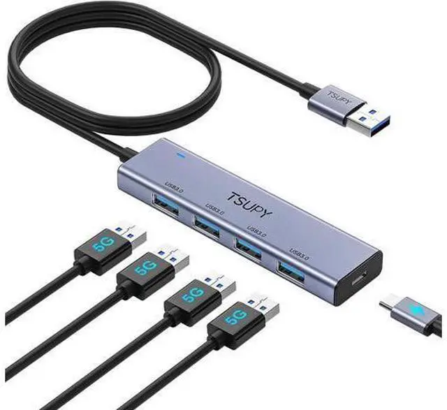 Main image of USB 3.0 HUB USB Splitter with 5 USB Ports and 4ft Extended Cable Ultra-Slim Aluminium Data Hub Multi USB 3.0 Adapter HUB Compatible for Laptop MacBook PC Printer Mobile HDD and More