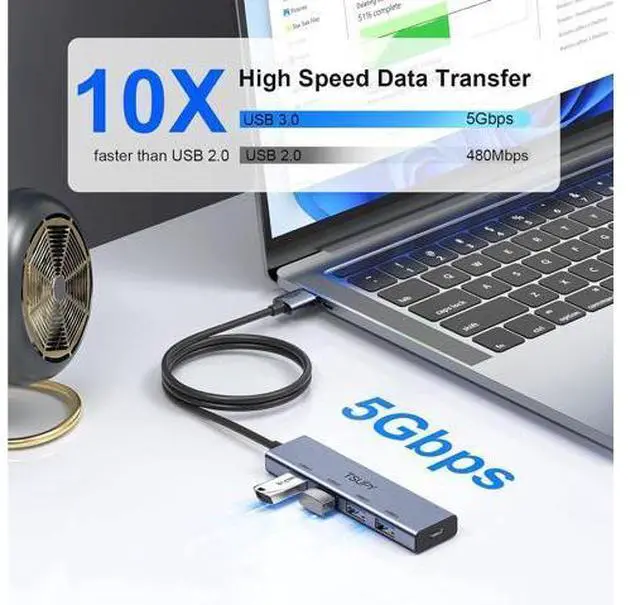 Alt view image 2 of 7 - USB 3.0 HUB USB Splitter with 5 USB Ports and 4ft Extended Cable Ultra-Slim Aluminium Data Hub Multi USB 3.0 Adapter HUB Compatible for Laptop MacBook PC Printer Mobile HDD and More